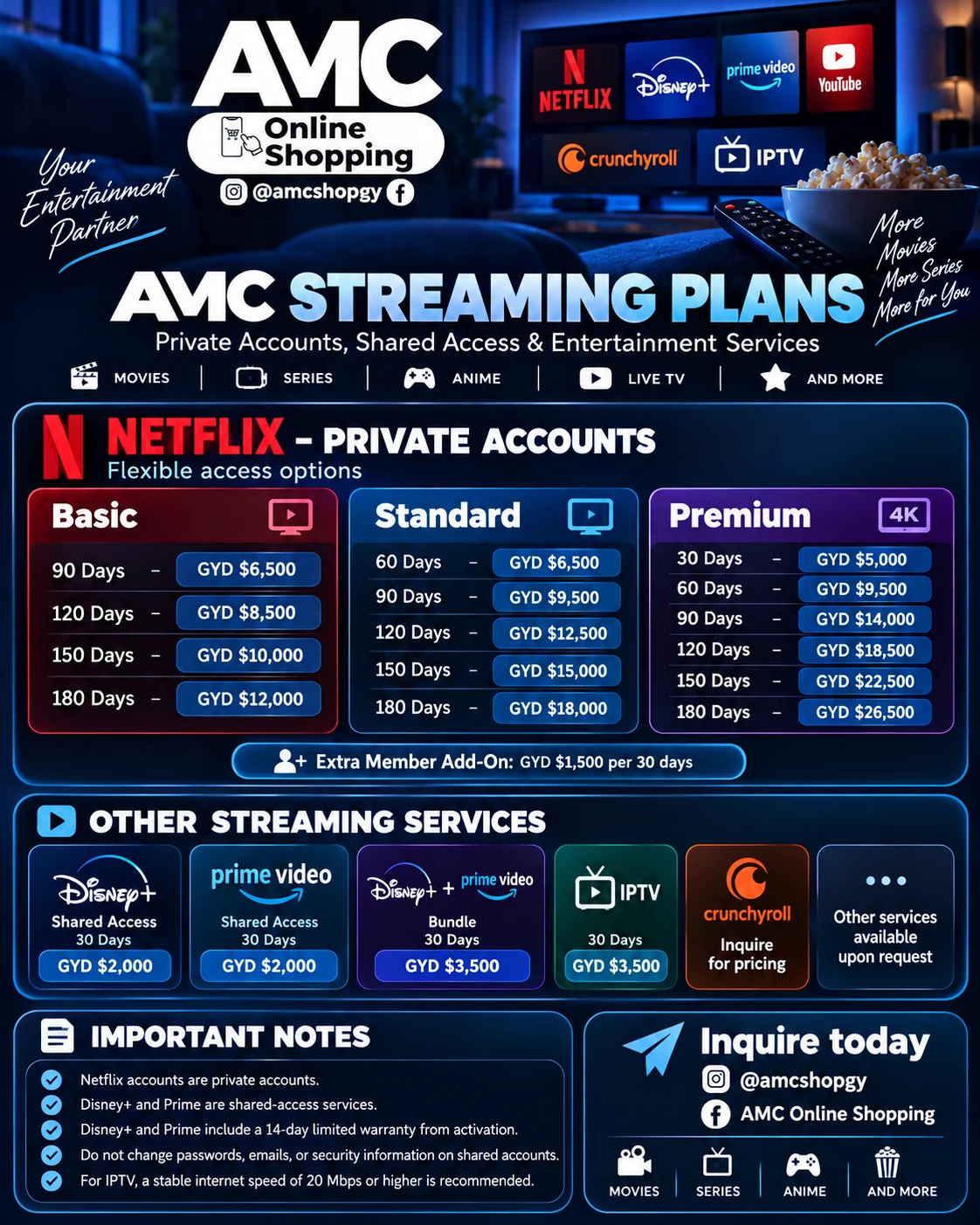 AMC Streaming Plans flyer showing Netflix, Disney Plus, Prime Video, IPTV and Crunchyroll offers